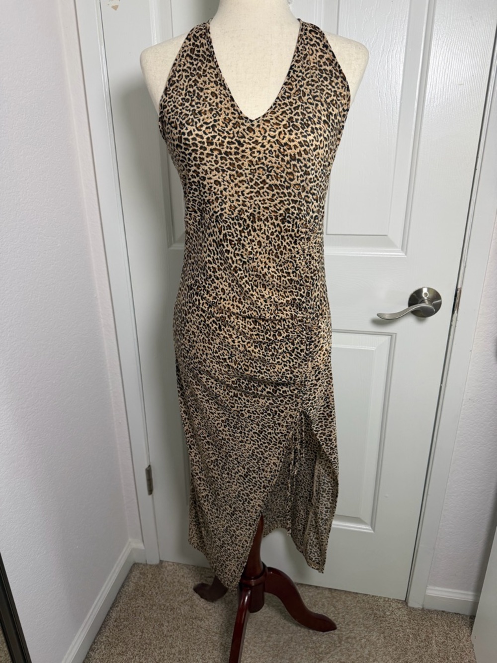 Leopard Print V-Neck‎ Slip Dress in Tan and Black